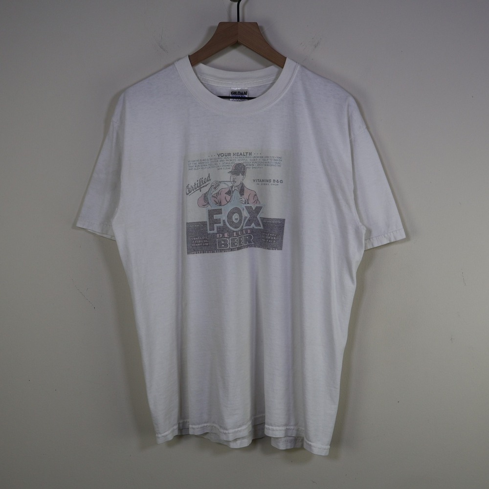 Vintage Y2K Fox De Luxe Beer Graphic T-Shirt Large Chicago Brewery Retro White